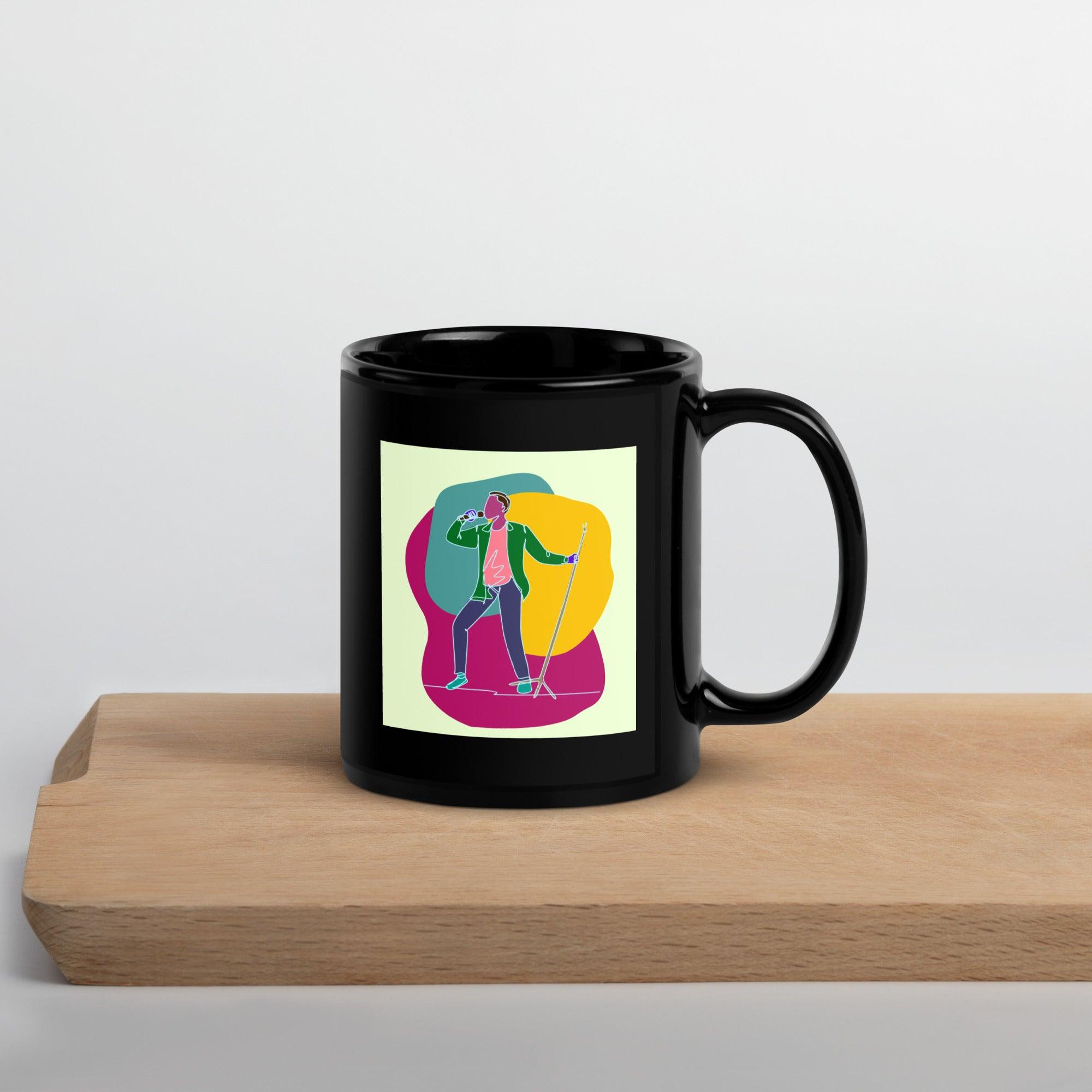 A Singer With A Microphone Stand Black Glossy Mug - Beyond T-shirts