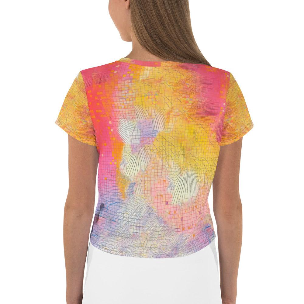 Fashionable and comfortable all-over print crop tee for aerial dancers.