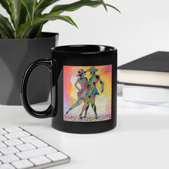 Aerial balletic attire themed black glossy mug on a white background.