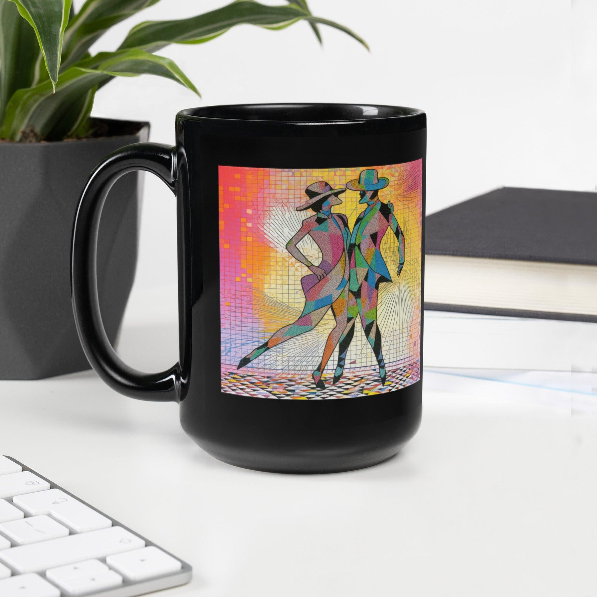 Elegant black coffee mug with aerial balletic attire design, ideal for gifting.