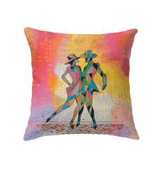 Elegant aerial balletic attire themed indoor pillow on sofa.