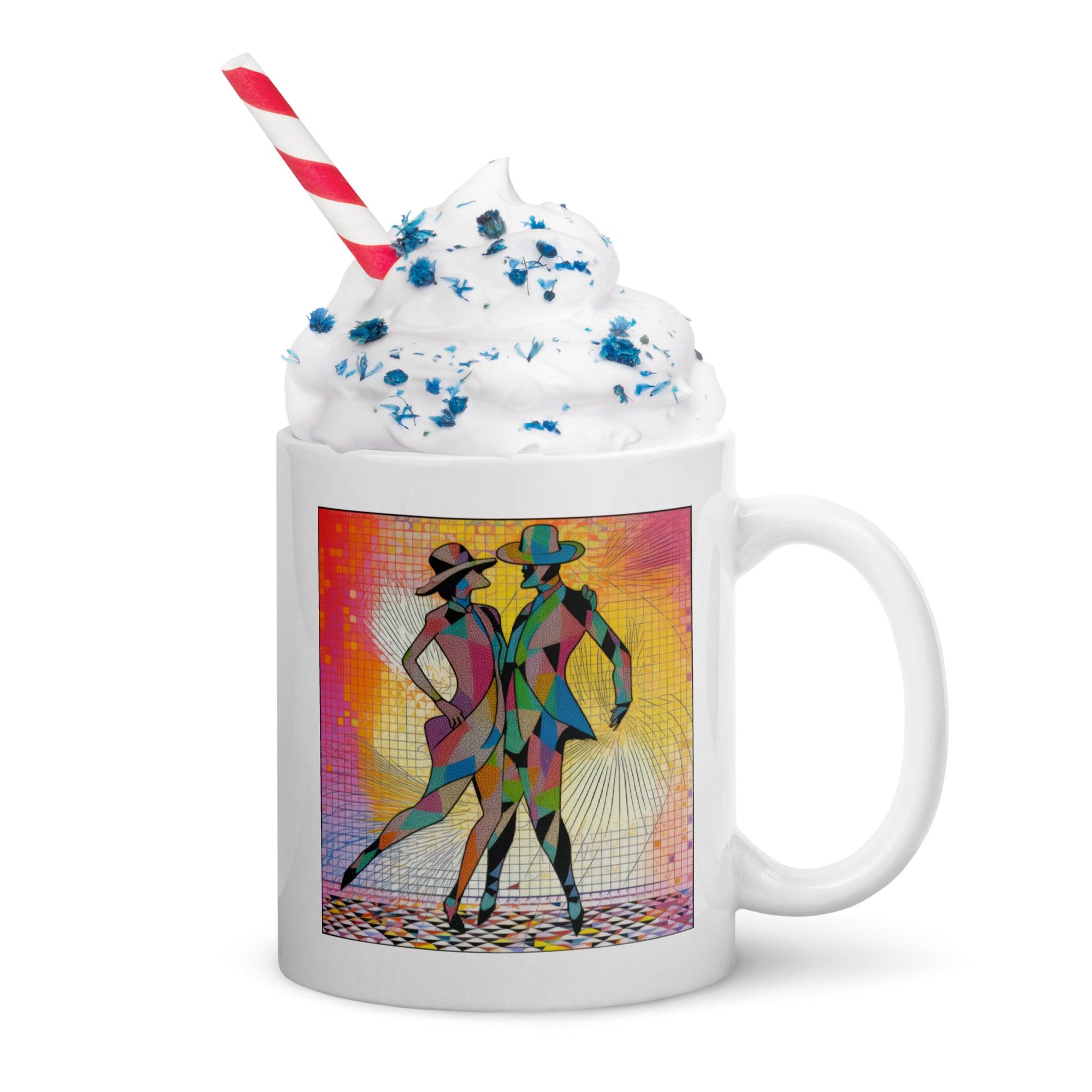 Unique glossy white mug featuring aerial ballet attire artwork.