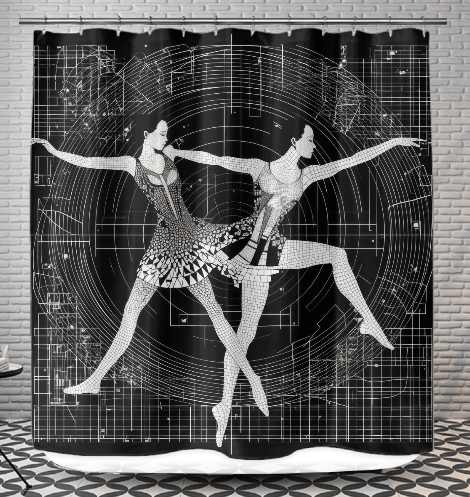 Aerial dancer silhouette on shower curtain for stylish bathroom decor.