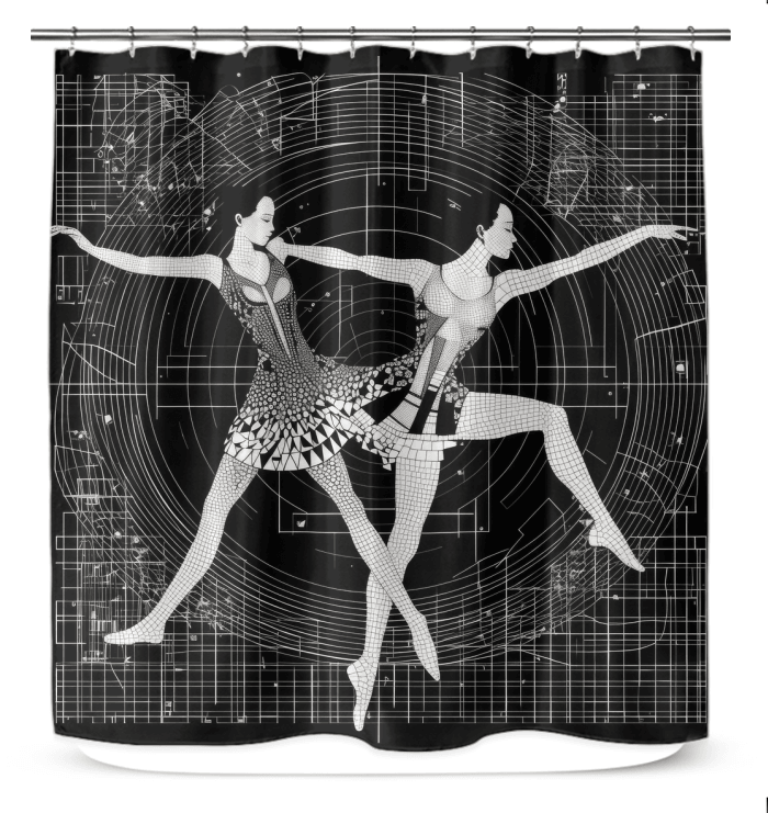 Elegant shower curtain featuring aerial dance fashion design, ideal for modern bathrooms.