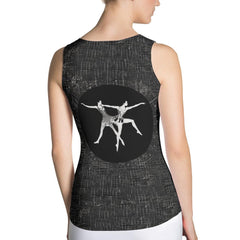 Close-up of cut and sew tank top with aerial dance-inspired design