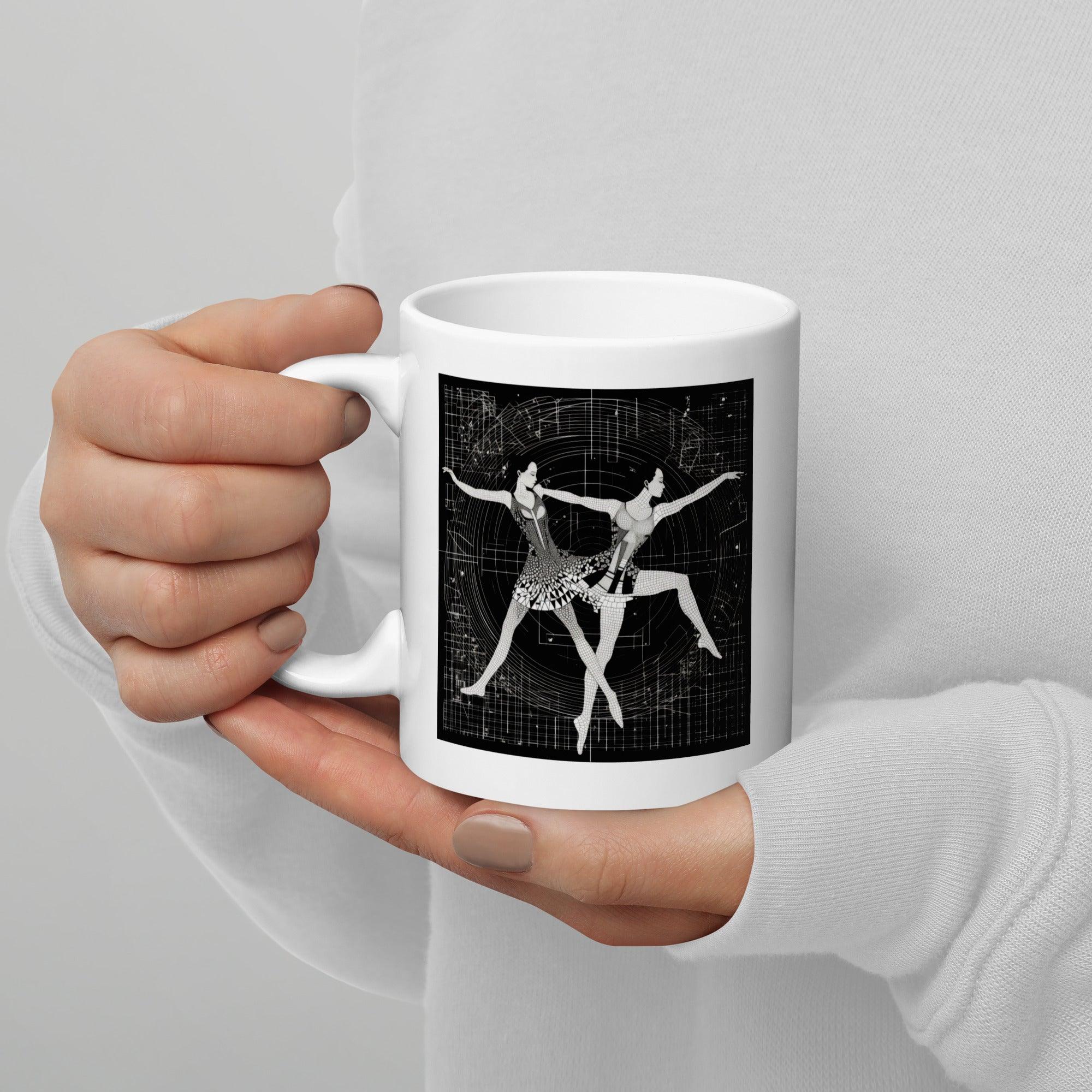 Elegant white glossy mug with Aerial Dance Fashion design.