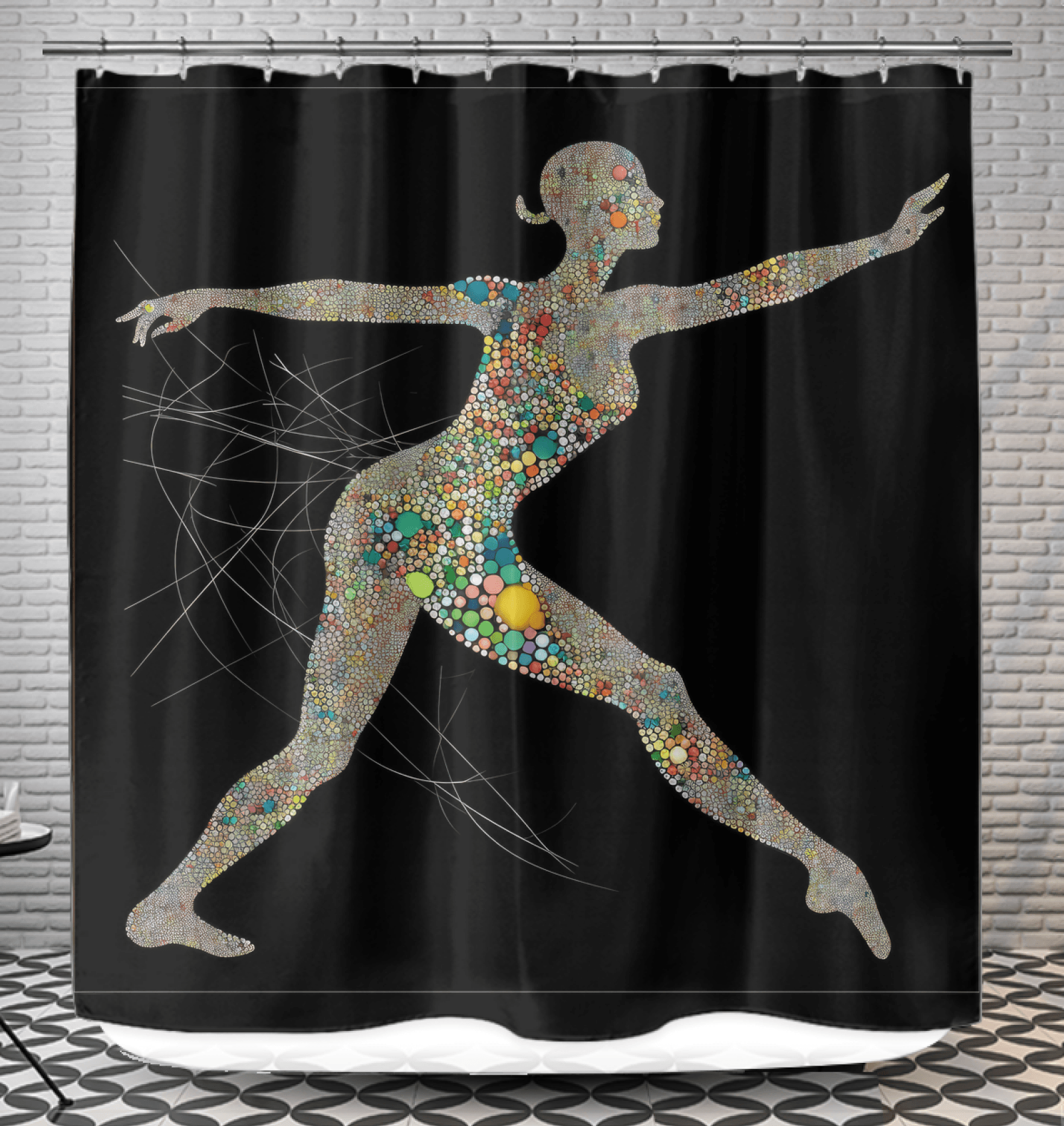 Airborne ballet dancer printed shower curtain enhancing bathroom elegance.