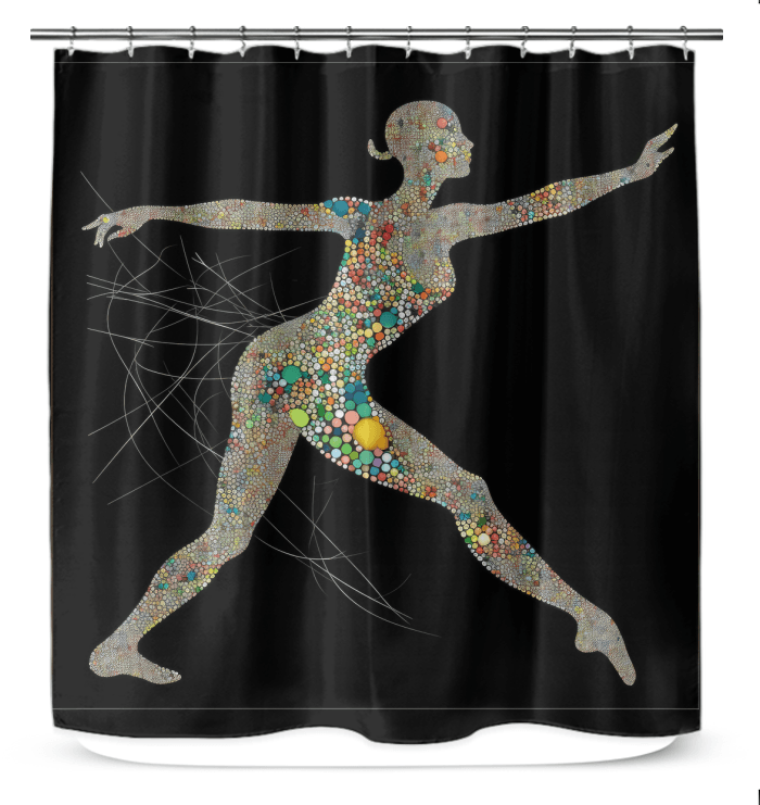 Artistic balletic style shower curtain with graceful dancer silhouette for bathroom decor.