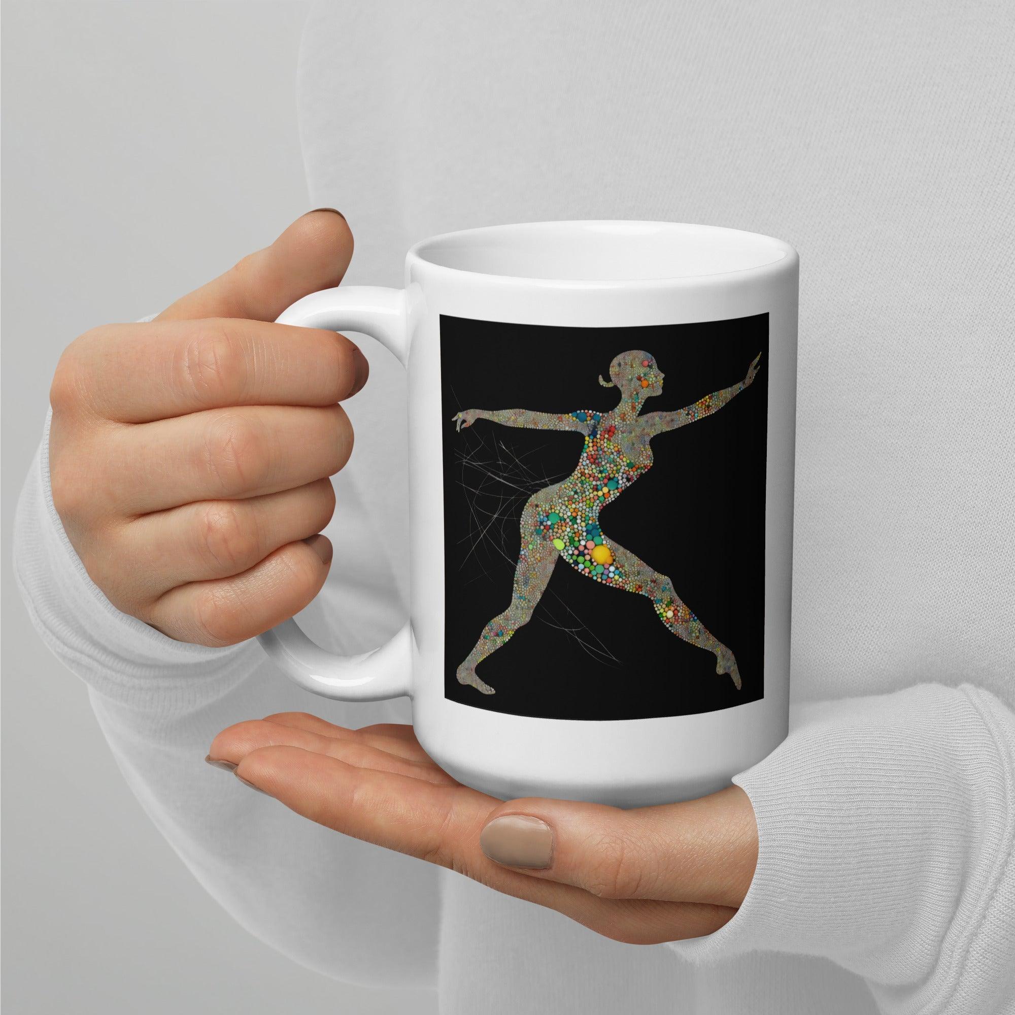 Close-up of white glossy mug featuring unique airborne balletic style.