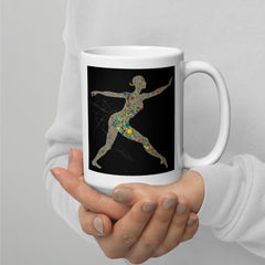 Stylish and sophisticated white glossy mug with airborne balletic pattern.