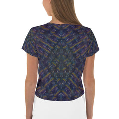 Woman wearing Serene Sanctuary IV print crop top outdoors.