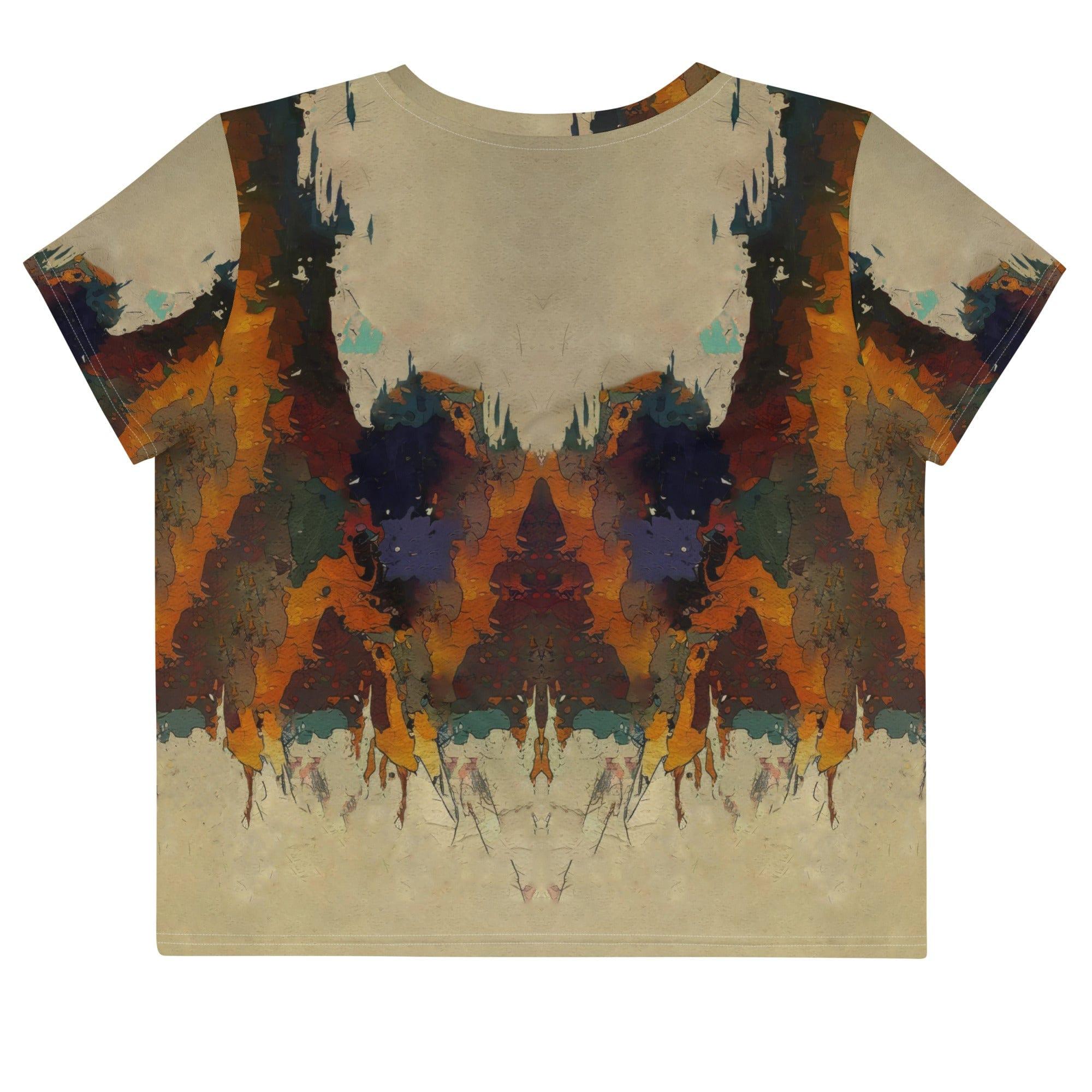 NS-990 crop tee laid flat to highlight the all-over print and crop cut.