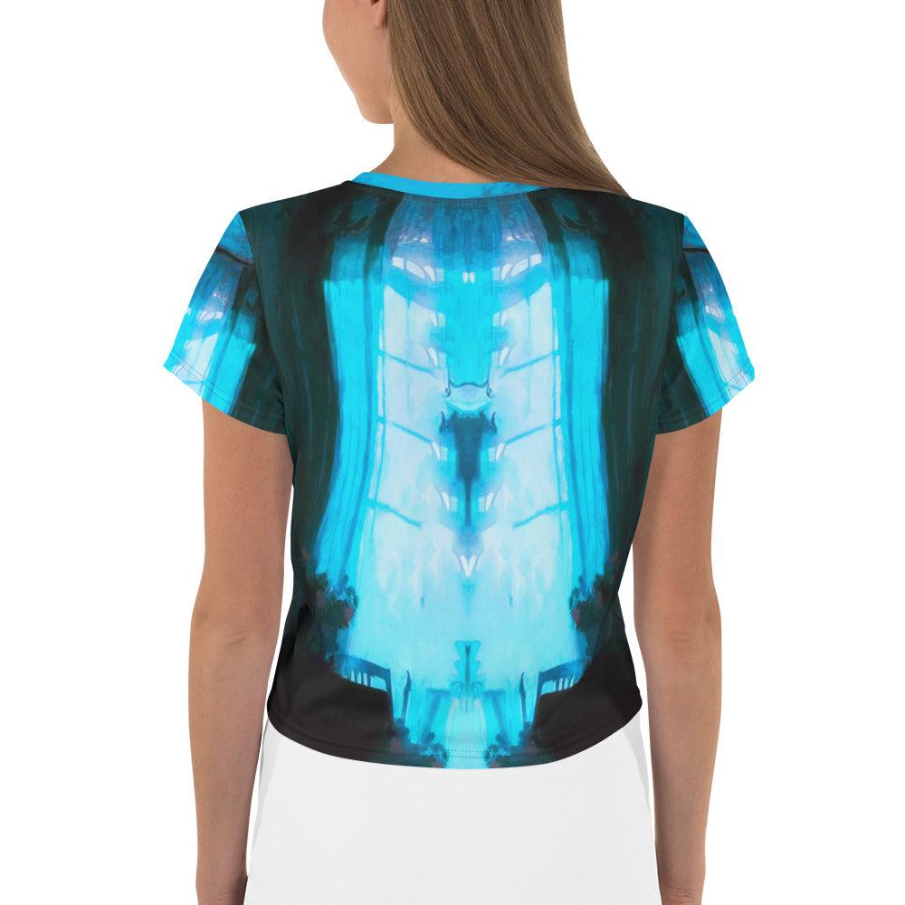 Back view of NS-987 print crop tee showcasing unique design