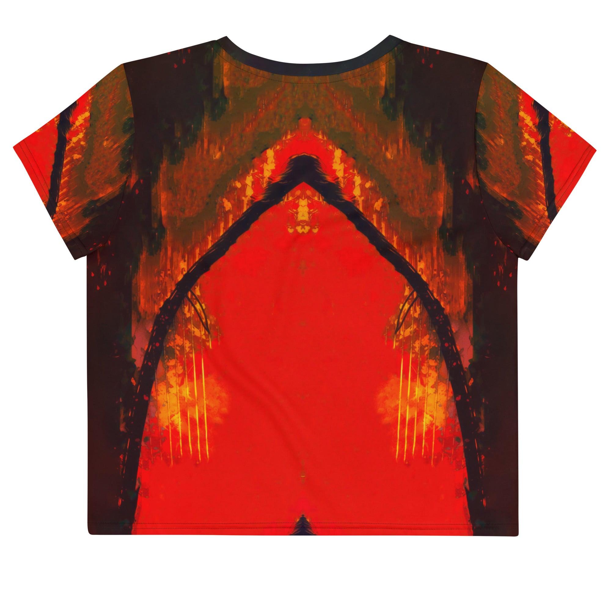 Rear view of the NS-973 all-over print crop tee showcasing design.