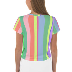 Close-up of Bold Rainbow Stripe Crop T-Shirt fabric and colors