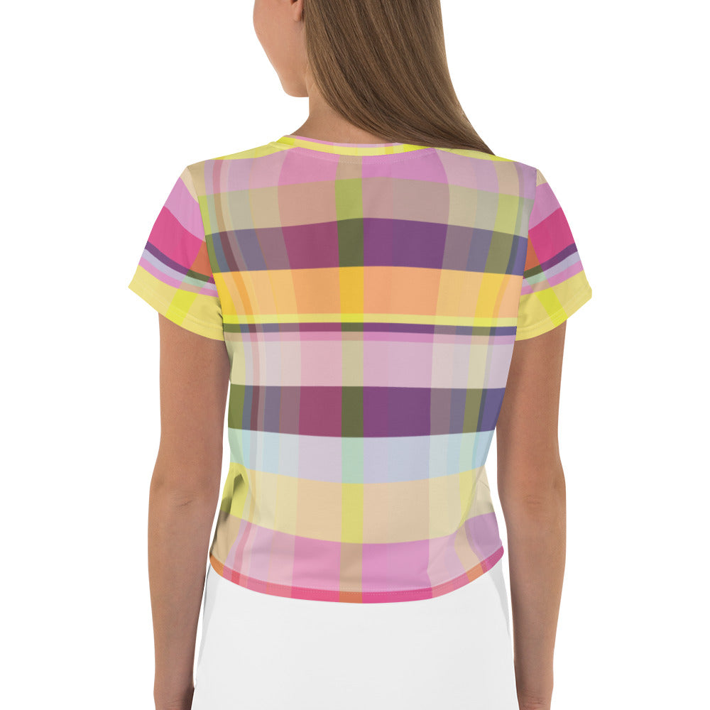 Brighten your wardrobe with this Sunrise Spectrum Crop Tee, blending morning light colors for chic style.