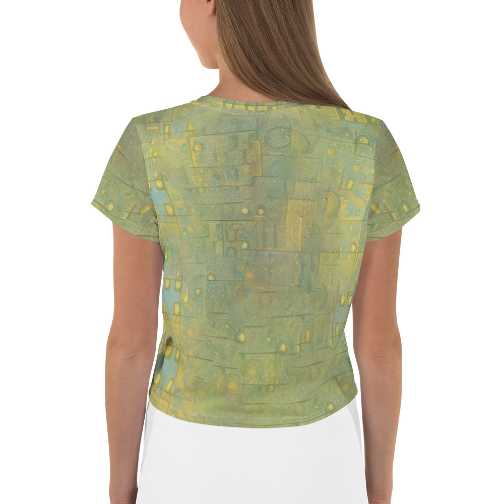 Back view of Women's Tranquil Turtle Crop Tee showcasing the slim fit.