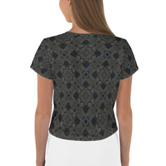 Side view of Boho Blossom Crop Tee illustrating relaxed fit.