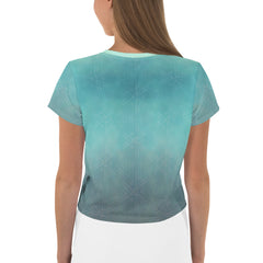 Woman wearing Abstract Fusion Crop T-Shirt, modern design.