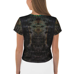 Close-up of Abstract Expression design on crop tee.