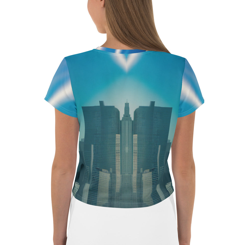 Urban Serenity All-Over Print Women's Crop T-Shirt back view.