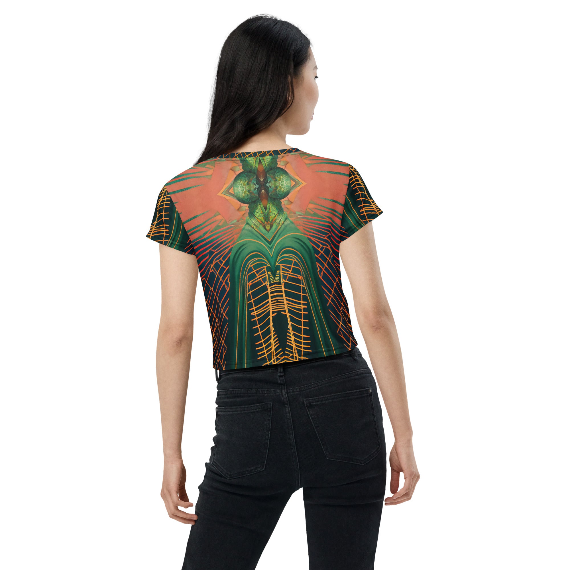 Boho Bloom All-Over Print Women's Crop T-Shirt back view.