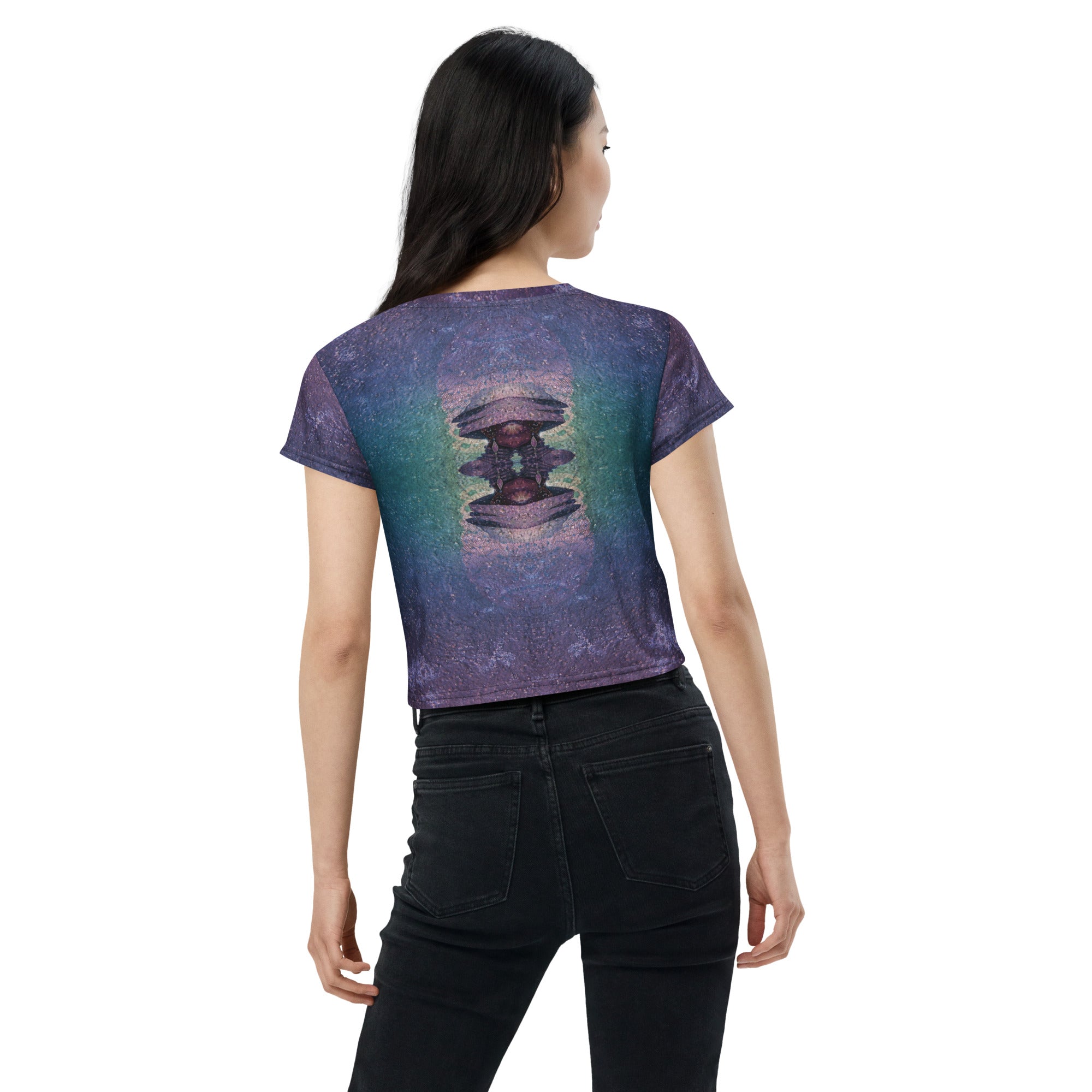 Cosmic Cascade All-Over Print Women's Crop T-Shirt back view.