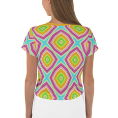 Colorful abstract pattern on crop tee.