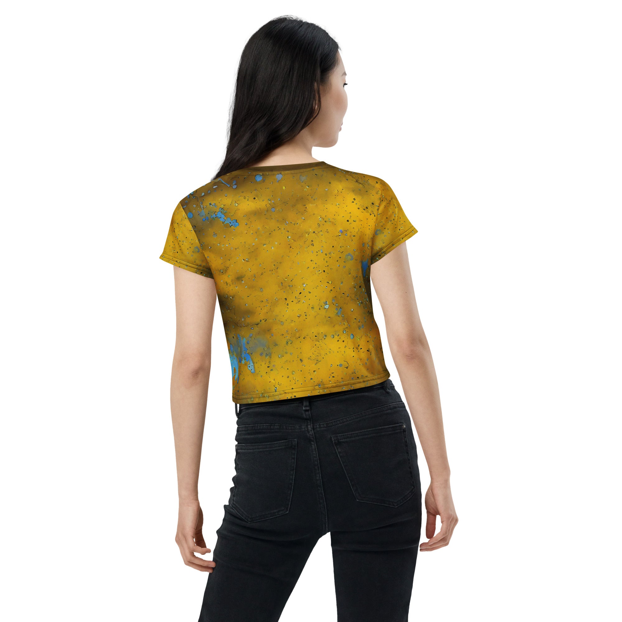 Elegant wine spill pattern on fashionable crop top.