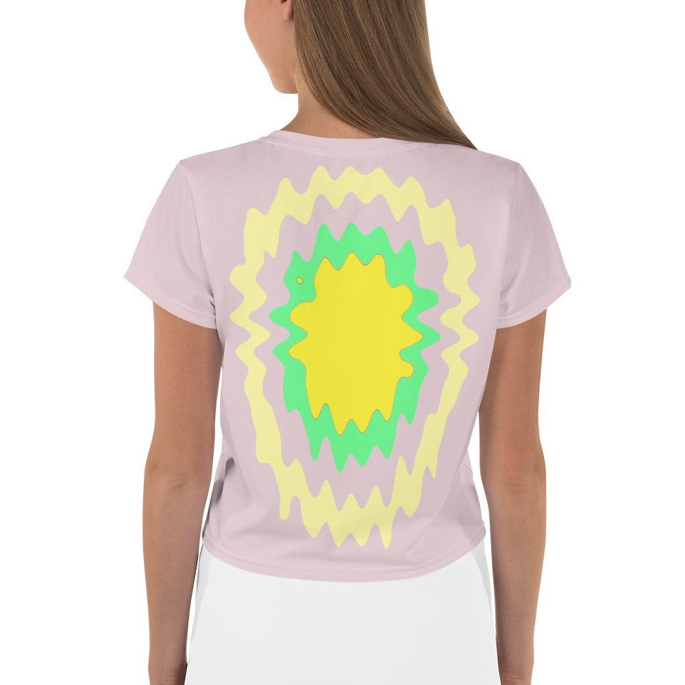 Yoga-inspired design on Om Oasis Women's Crop Tee.