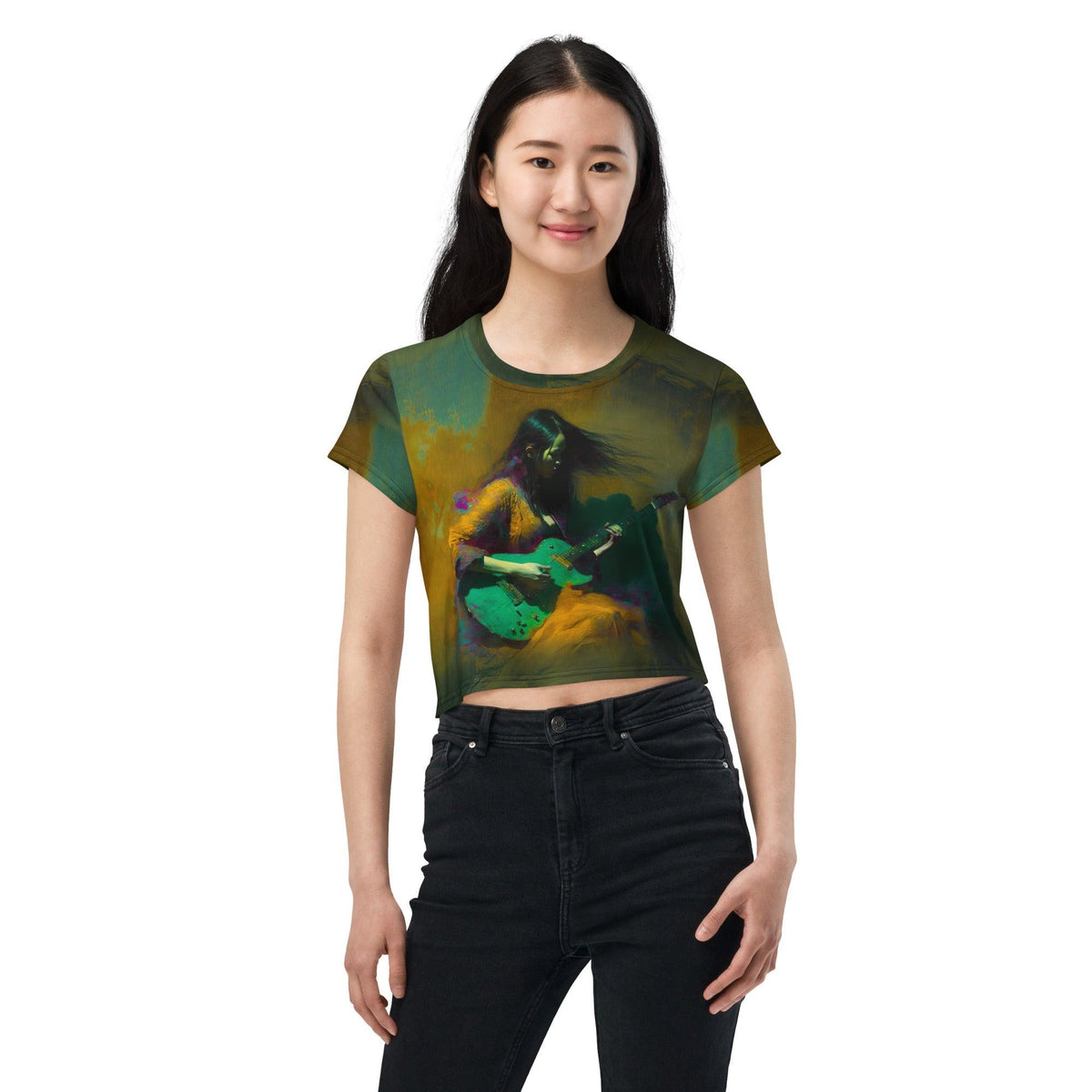 NS-806 all-over print crop tee front view on model.