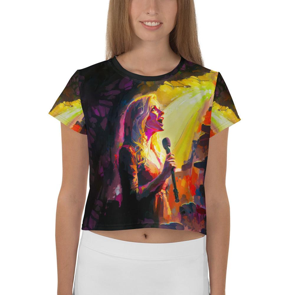 NS-970 All-Over Print Crop Tee front view on model