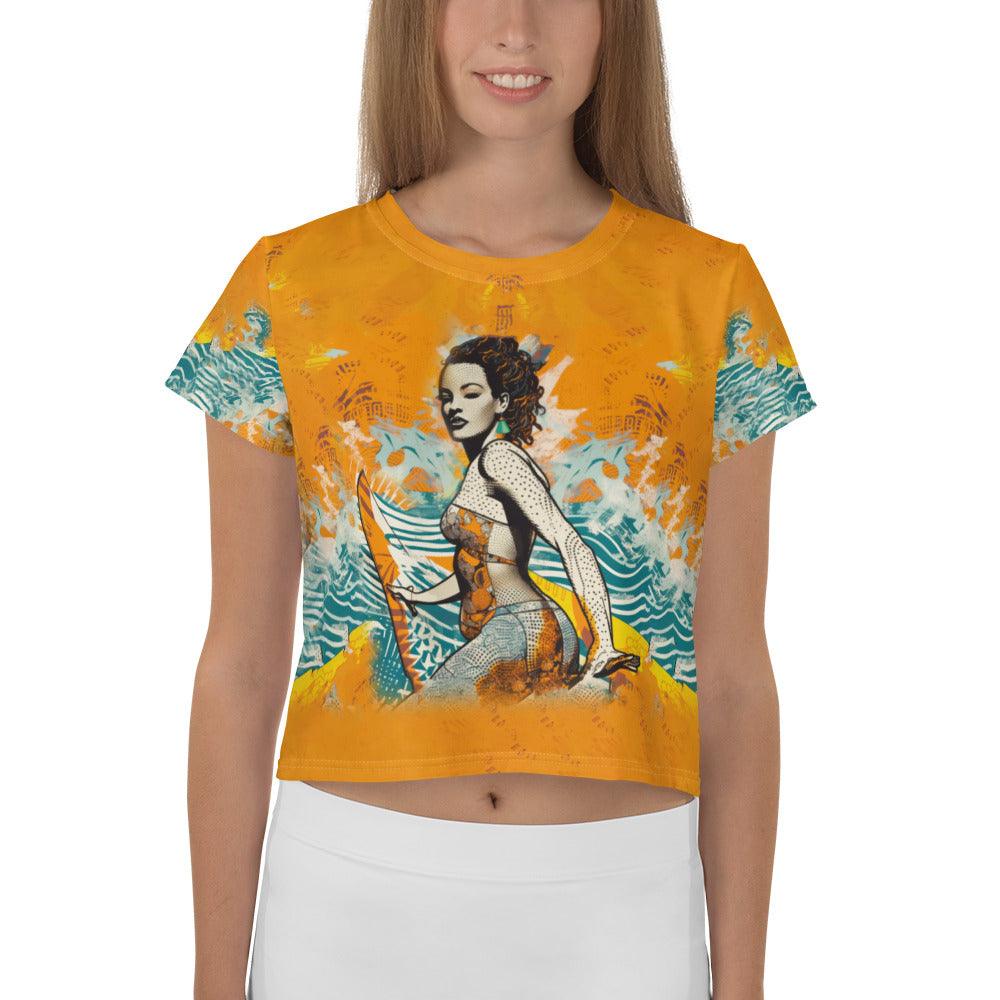 Eye-catching Surfing 5-30 All-Over Print Crop Tee for standout beach style