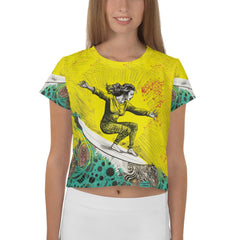 Trendsetting Surfing 1 10 All-Over Print Crop Tee with vibrant surf-inspired design.