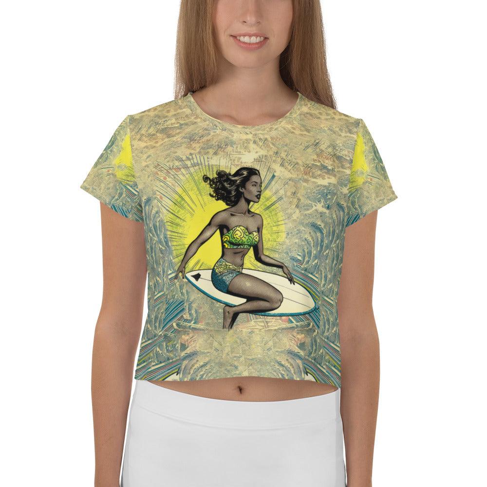 Surfing 1 16 Crop Tee with vibrant all-over print for a statement beach look.