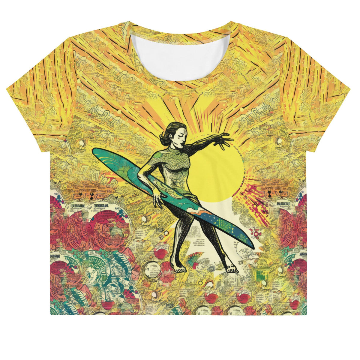 Stunning Surfing 1 11 Crop Tee with all-over print, capturing the essence of the surf.