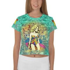 Unique Surfing 1 23 Crop Tee with all-over print for a bold statement at the beach.