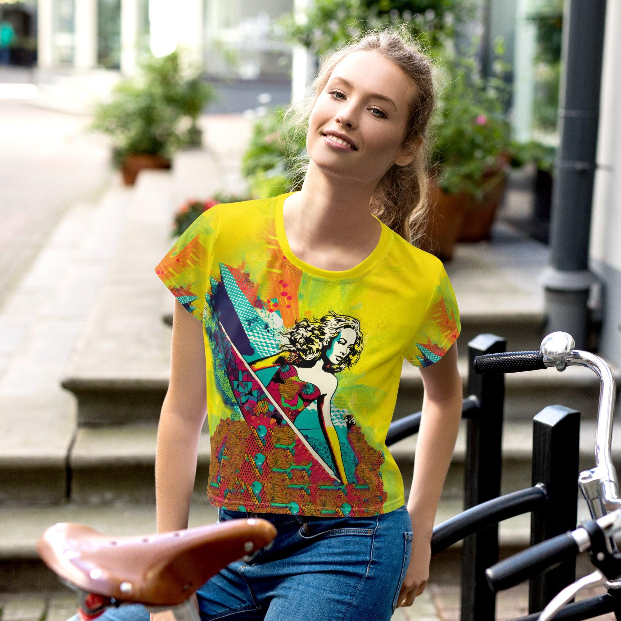 Catch every wave in style with the vibrant Surfing 1 04 All-Over Print Crop Tee."