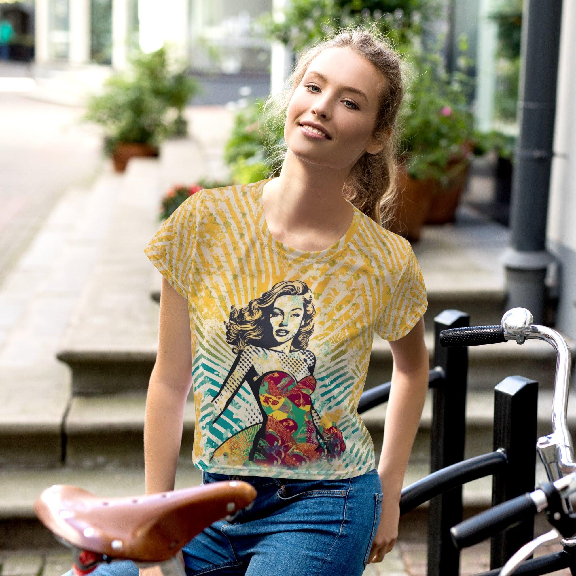 Surfing 1 03 Crop Tee with vibrant all-over print captures the ocean's essence.