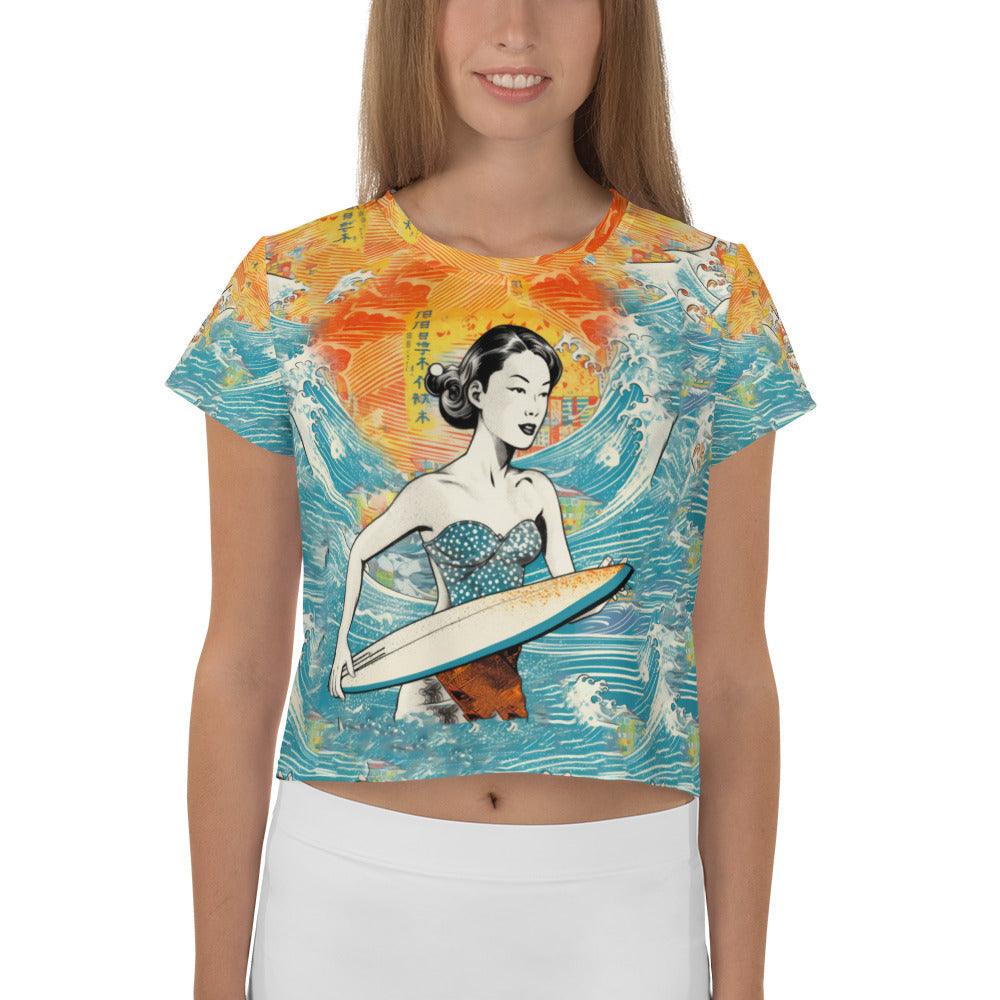 Showcase your surf passion with the vibrant Surfing 1 41 All-Over Print Crop Tee.