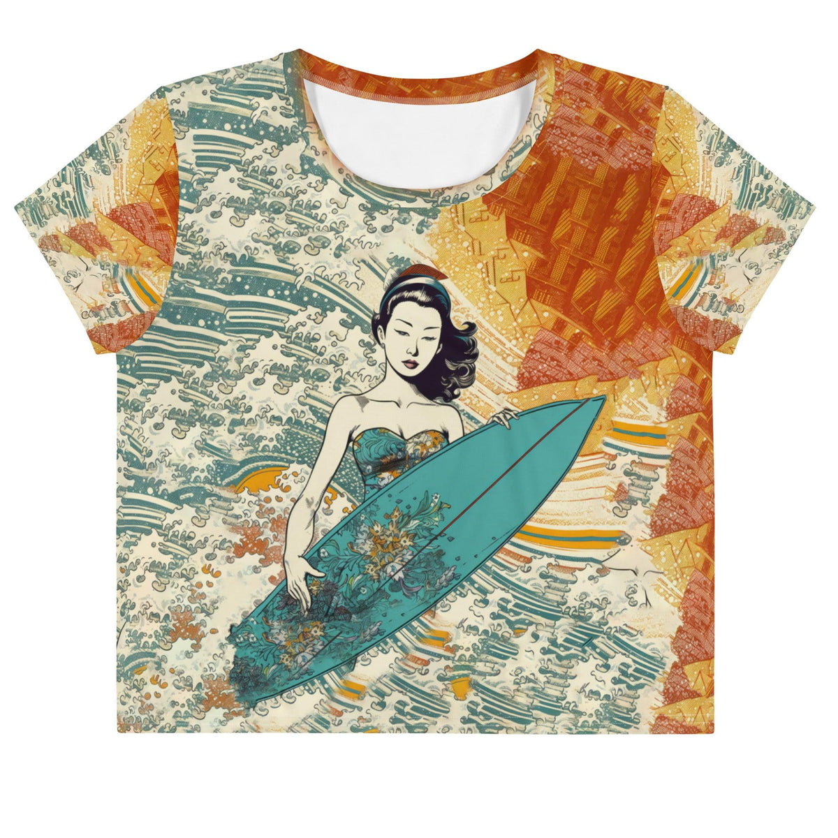 Dive into style with the Surfing 1 39 Crop Tee featuring bold, all-over surf prints.