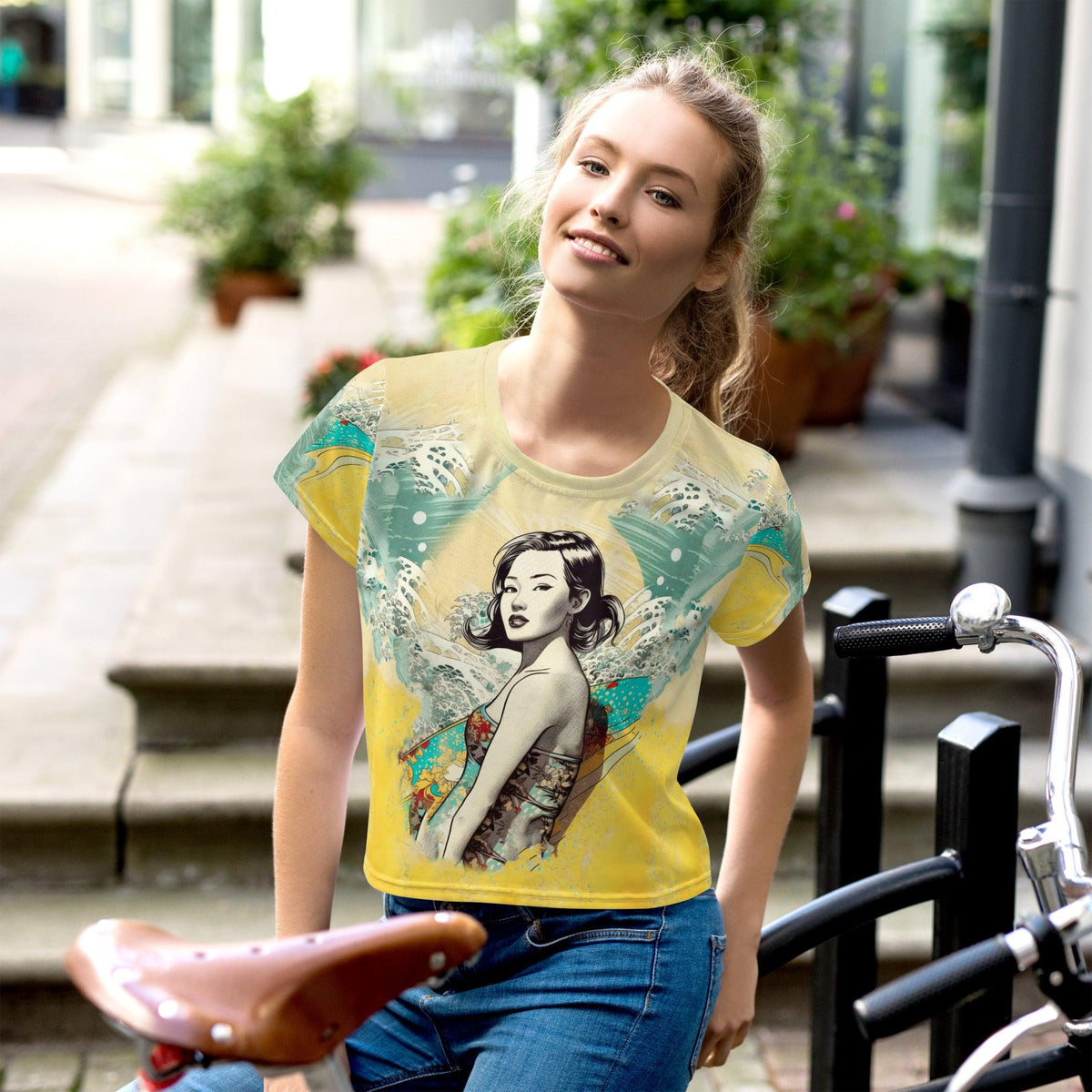 Surfing 1 43 Crop Tee with dynamic all-over print for a standout look.