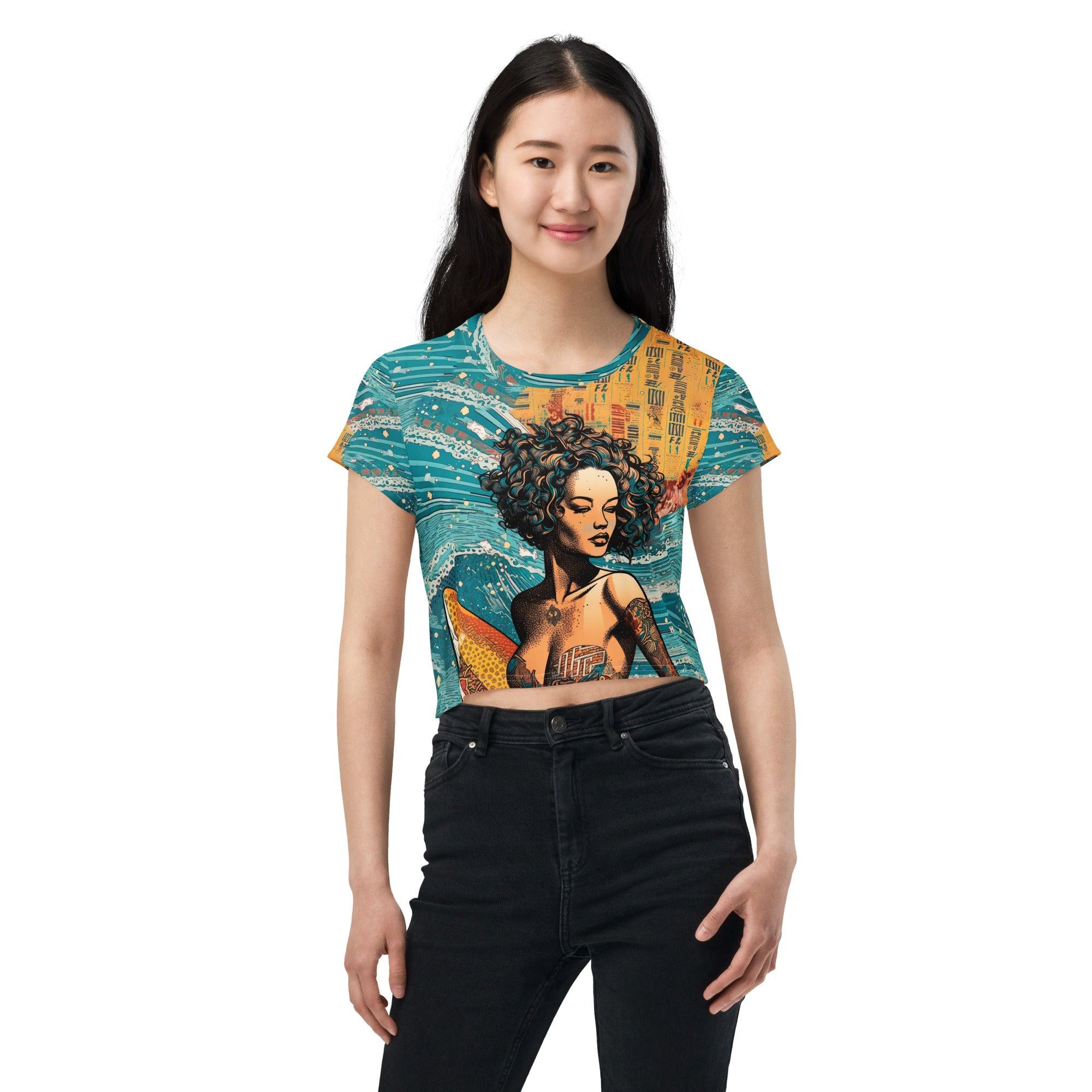 Sunset Surfer All-Over Print Crop T-Shirt Chase The Golden Hour - Beyond T-shirts