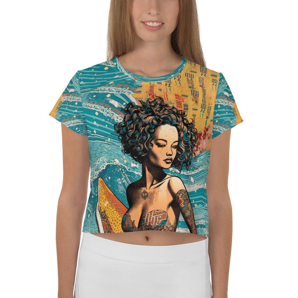 Sunset Surfer All-Over Print Crop T-Shirt Chase The Golden Hour - Beyond T-shirts