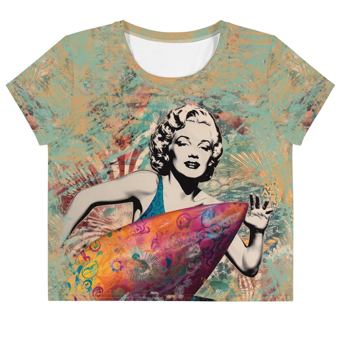 Surfing Sunsets All-Over Print Crop T-Shirt Glide Through Twilight - Beyond T-shirts