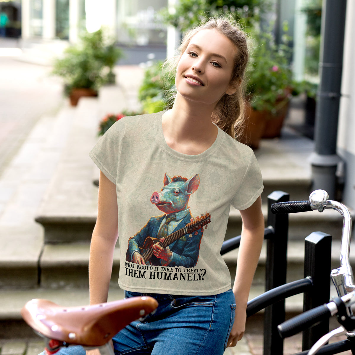 Whimsical Piglet Parade Crop T-Shirt