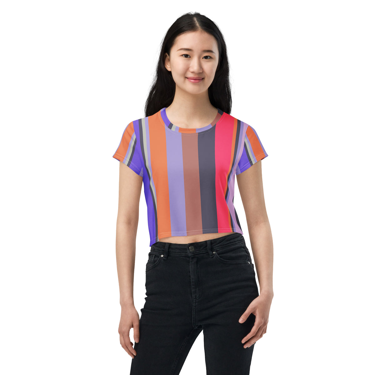 Electric Sunrise Colorful Stripe All-Over Print Crop T-Shirt