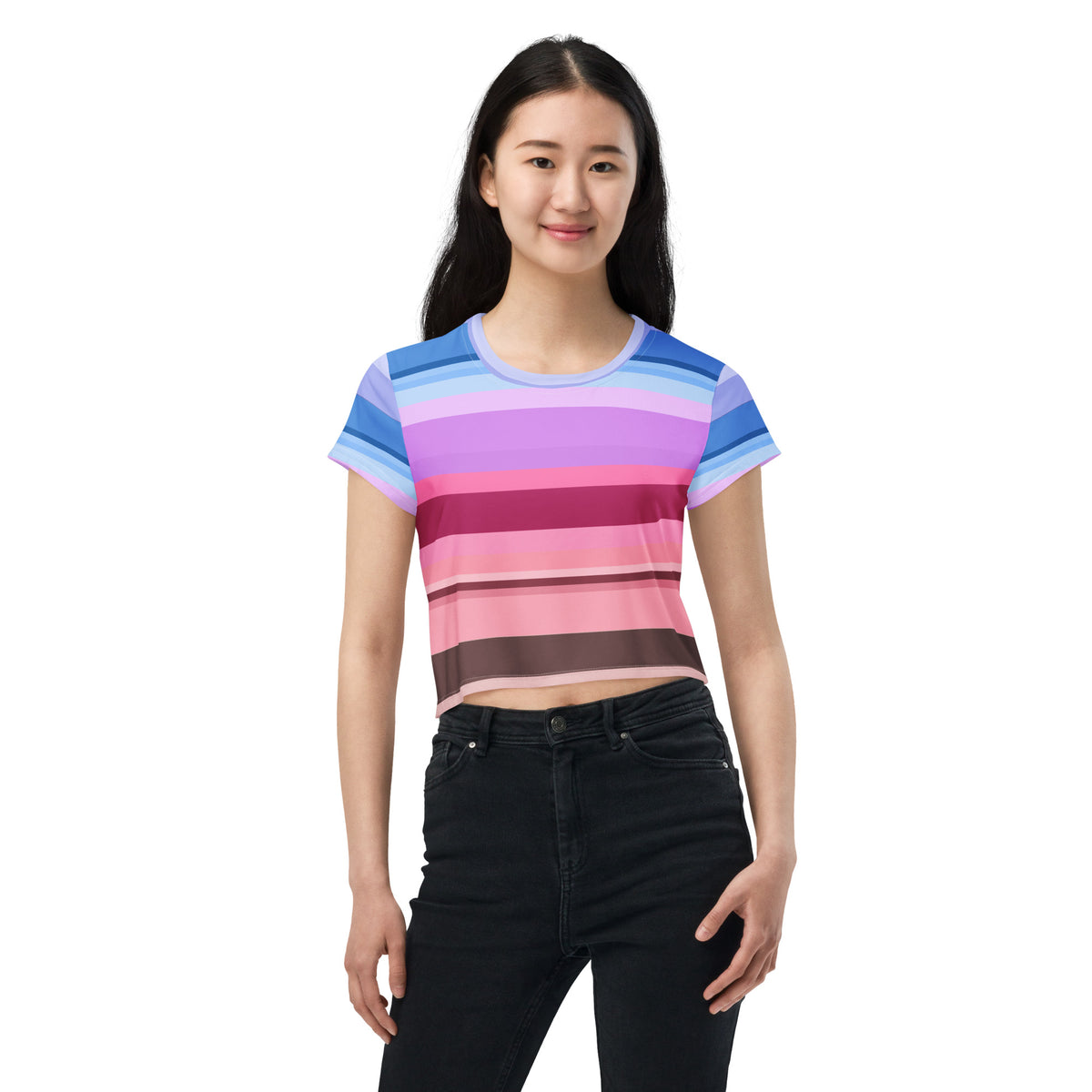 Vibrant Watercolor Strokes Colorful Stripe All-Over Print Crop T-Shirt