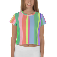 Woman wearing Bold Rainbow Stripe Crop T-Shirt, summer fashion