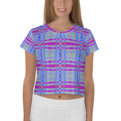 Woman wearing Rainbow Rhythm Box Stripe Crop T-Shirt, casual style.